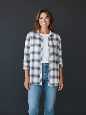 Weatherproof Women's Plaid Button-Down Shirt -- White, Blue & Brown
